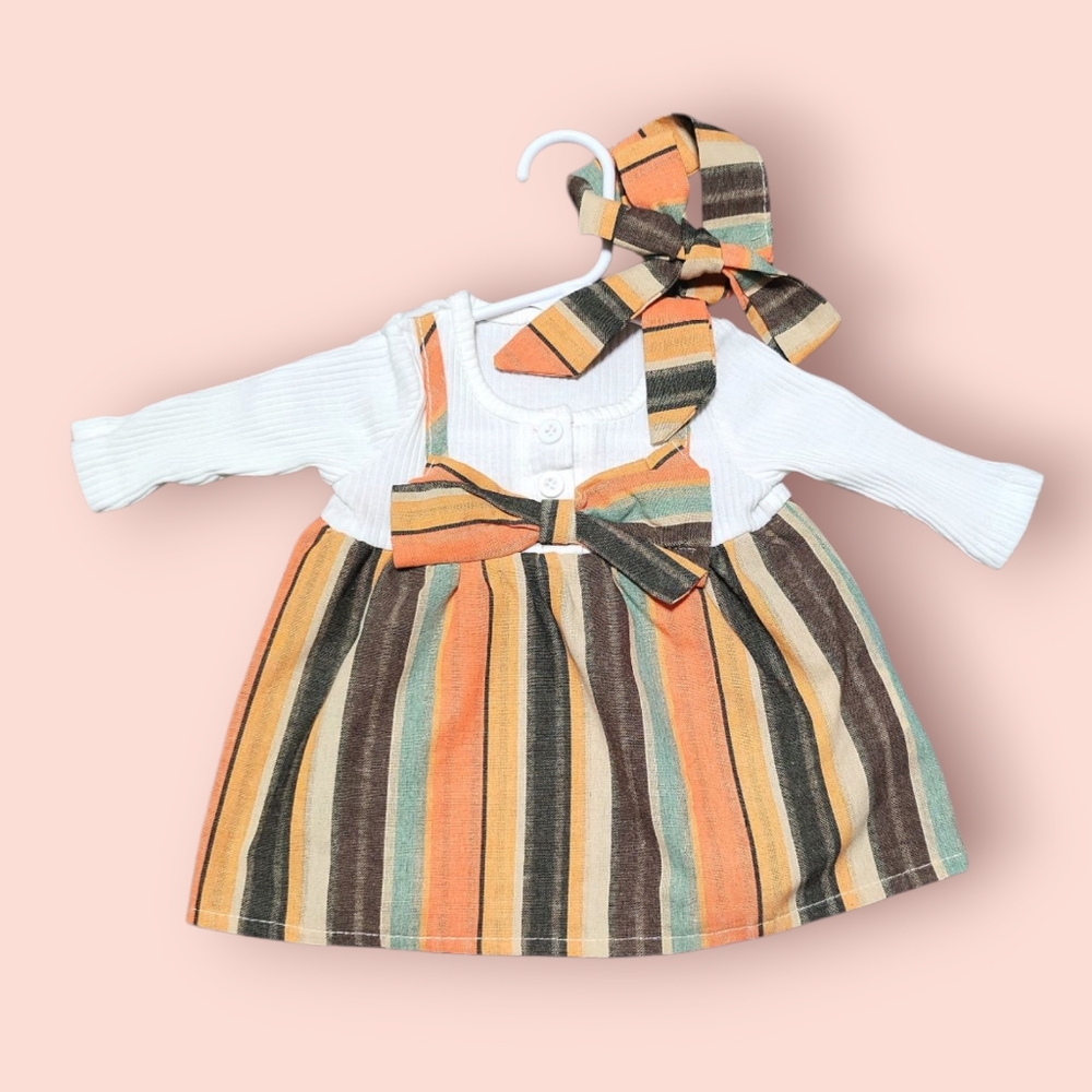 Orange Brown Green Striped Newborn Onesie Dress with Ribbon Bow (0-1M) Baby